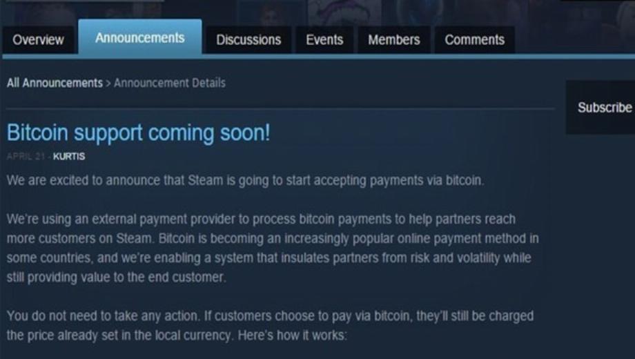 Steam soon set to take Bitcoin payments