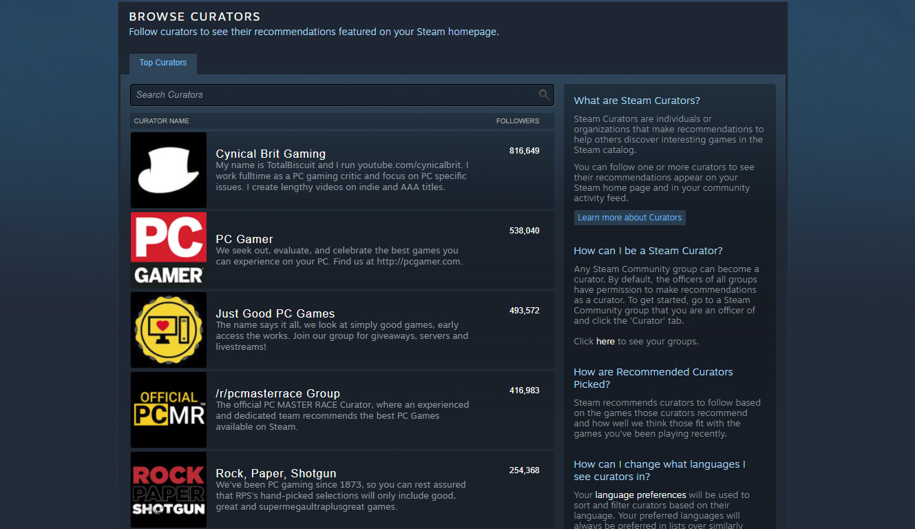 Valve updates Steam curators to make them relevant again