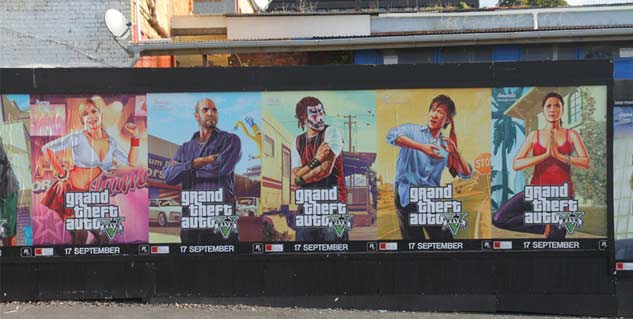 Neue GTA-Grafiken auf Plakatwänden und Bushaltestellen zu sehen