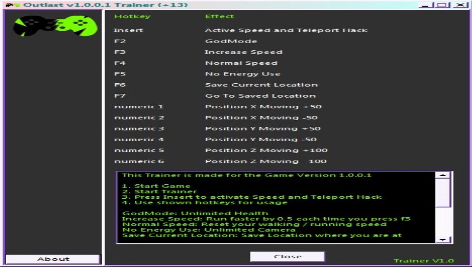 Outlast v1.0.0.1 trainer (+13)