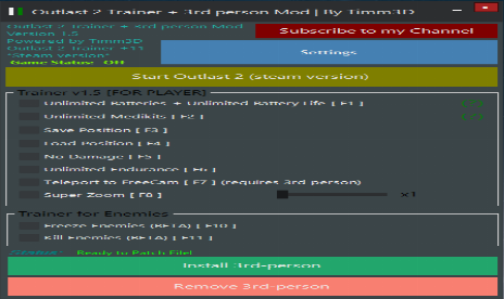 Outlast 2 Trainer[+11] + 3rd person Mod v1.5 | [+11 Trainer] Powered by Timm3D