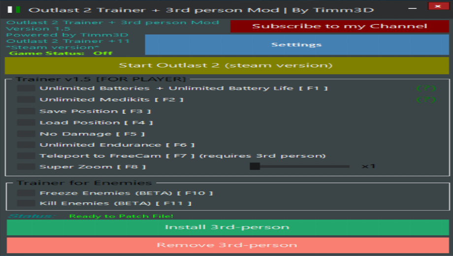 Outlast 2 Trainer [+11] + 3rd person Mod v1.5 | [+11 Trainer] Powered by Timm3D
