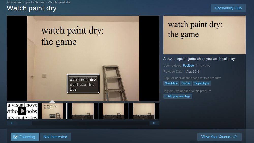 Un farceur a placé le jeu "Watch Paint Dry" sur la page d'accueil de Steam