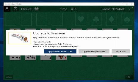 Windows 10 Solitaire Requires Annual Subscription