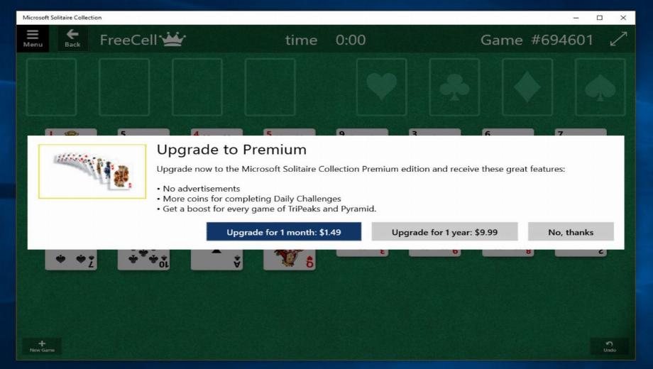 Windows 10 Solitaire Requires Annual Subscription