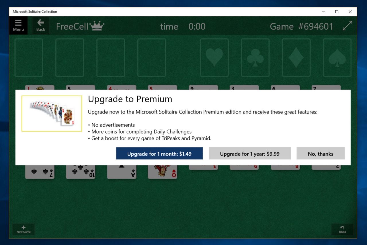 Windows 10 Solitaire Requires Annual Subscription
