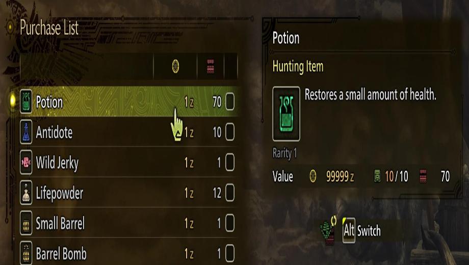 Monster Hunter Wilds Item Cost Tweaks – Buy for 1z sell for 99999z Mod v1.1