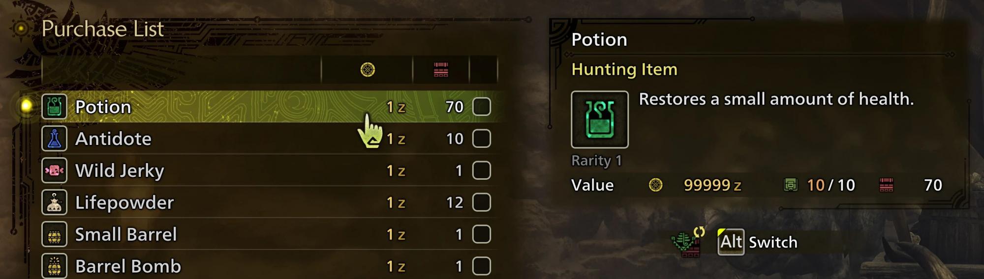 Monster Hunter Wilds Item Cost Tweaks - Kaufen für 1z verkaufen für 99999z Mod v1.1