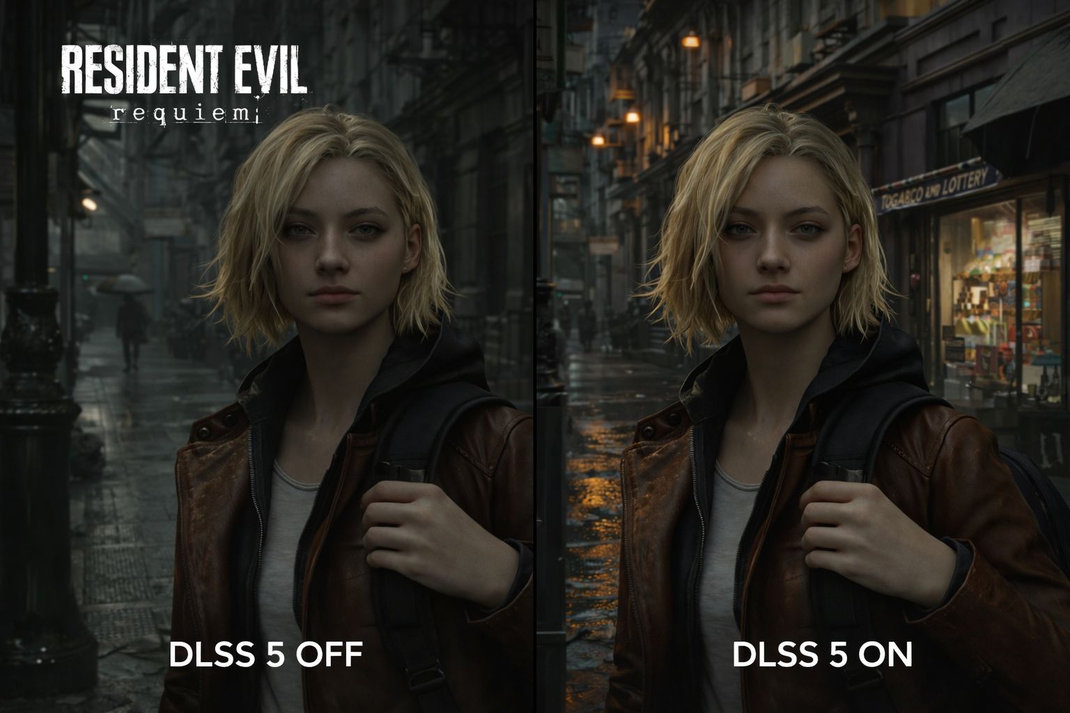 Resident Evil Requiem DLSS 5 comparison showing AI enhanced graphics vs traditional rendering